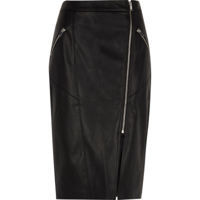 Black faux leather biker pencil skirt